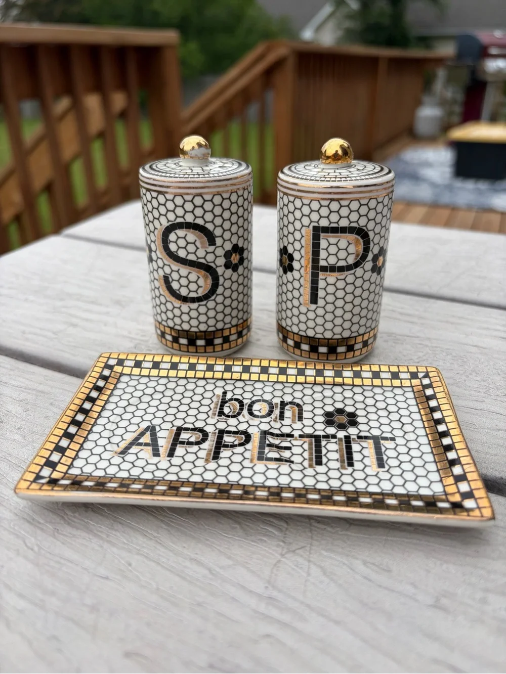 Anthropologie Bistro Tile 24k Gold Accent Salt & Pepper Shakers